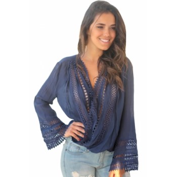 Blue Long Bell Sleeve Crotch V Neck Tunic Top Green Apricot